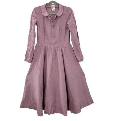 Son De Flor Midi Dress Size M Purple Linen Peter Pan Collar Pockets Cottagecore - Image 1 of 4