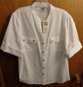 Anne Klein White Eyelet Knit Panels Button Top Women L 42" chest - Picture 1 of 7