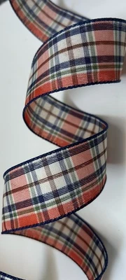 10YD 2.5”w Blue Fall Plaid Ribbon Navy Blue Ribbon Wired Edge - Image 1 of 4