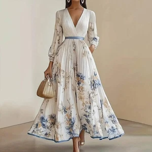 Women's Floral Print V-Neck Long Sleeve Maxi Dress A-Line Flowy Ruffled For Spri - Picture 1 of 12
