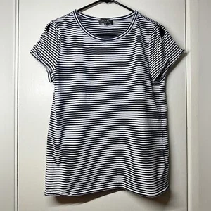 A.P.C. Navy Blue White Striped 100% Cotton Split Sleeve Short Sleeve Shirt Top M - Picture 1 of 15
