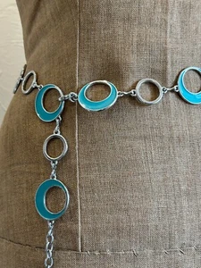 Turquoise & silver tone metal disc chain belt/waist belt boho festival 60's/70s - Picture 1 of 5
