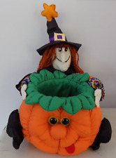 Joelson Industries Vintage Plush Pumpkin Witch Halloween Candy Bowl