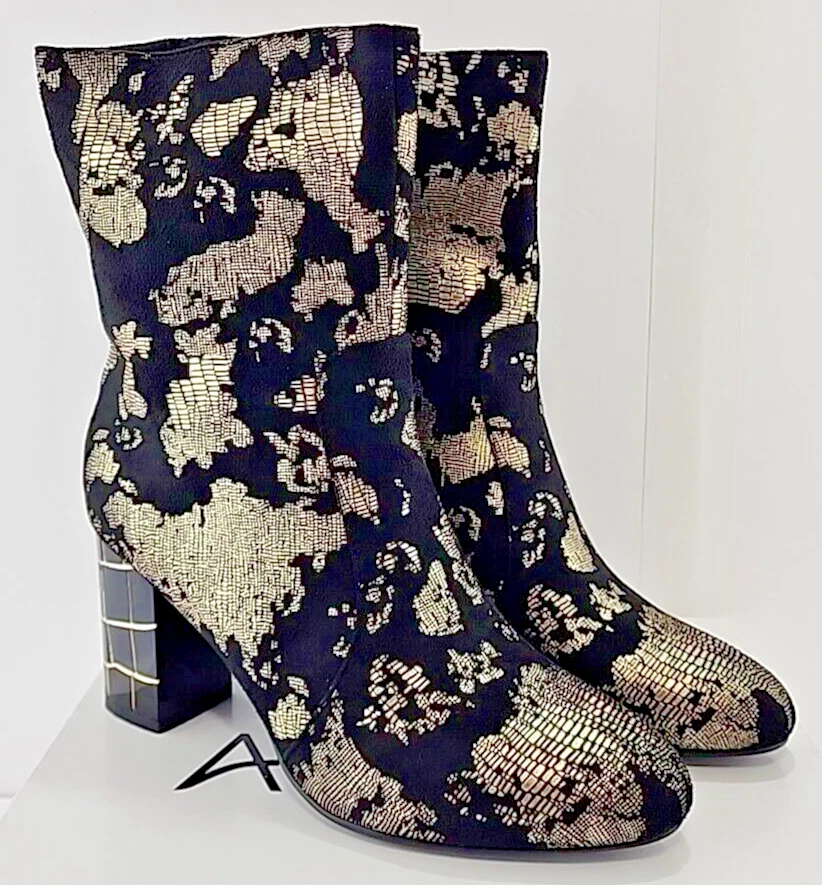 Sapato ASHRO feminino estampado Paris botinhas tamanho 9 M preto-ouro camurça falsa superior NOVO - Imagem 1 de 4