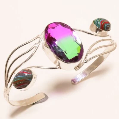 Brazalete de plata de ley 925 de turmalina bicolor, piedras preciosas de calsílice arco iris p041 Foto 1 de 4