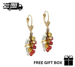 14k Yellow Gold Dangle Grape Leverback Earrings Made with Crystal from Swarovski - Picture 1 of 2