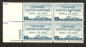 1945 U.S. 5c Blue UNITED NATIONS Plt#Blk of 4 Sc#928 M/NH/OG Pristine ^ - Picture 1 of 1