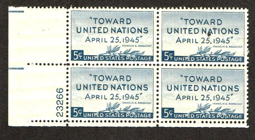 1945 U.S. 5c Blue UNITED NATIONS Plt#Blk of 4 Sc#928 M/NH/OG Pristine ^ - Image 1 of 1