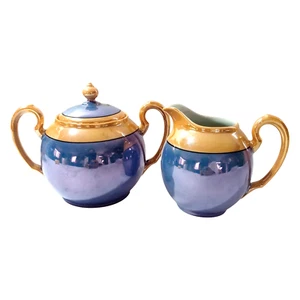 LUSTREWARE Tan Blue Cream Sugar Bowl Set VTG GHO Bavaria Germany - Picture 1 of 10