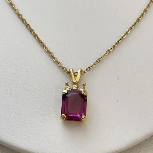 Vintage Faux Amethyst Emerald Cut Rhinestone Gold Tone Chain Necklace 18" Dainty - Picture 1 of 5
