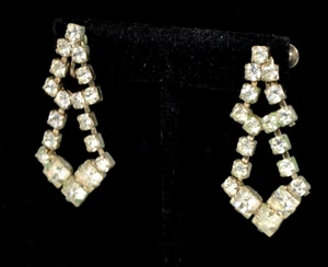 Rhinestones Teardrop Dangle Earrings Vtg Clear Glamorous Silver Long Drop 2" - Picture 1 of 4