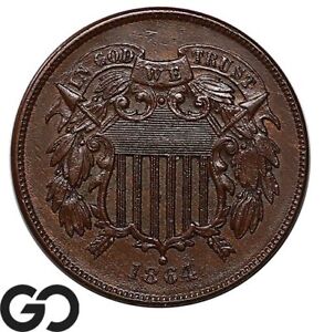1864 Two Cent Piece, Large Letters, Choice BU++ ** Free Shipping!