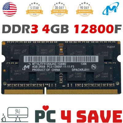 4GB DDR3 1600 MHz 2RX8 PC3-12800F 1.5V 204 Pin Laptop Memory SODIMM RAM Micron - Image 1 of 2