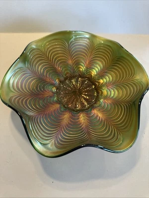 Fenton Carnival Glass Iridescent Green Peacock Tail Ruffled Bowl Vintage 9” - Image 1 of 4