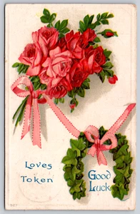 Postcard Loves Token Good Luck Rose Bouquet Ivy Horseshoe Ribbons Embossed - Picture 1 of 2