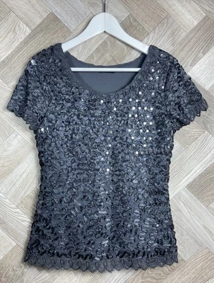 Roman Dark Grey Sequin Lace/Mesh Occasion Party Top Short Sleeve Size 10 - Image 1 of 4