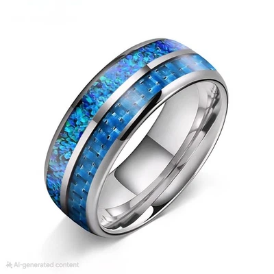 6/8 毫米男式女式硬质合金戒指圆顶蓝色蛋白石和蓝色碳纤维 — 第 1/4 张图片