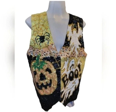 Halloween Sequin & Beaded Vest Ghosts, Spiders, Jack O Lanterns,Statement... - Image 1 of 4