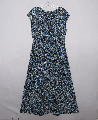 Jones New York Dress 10 Black Blue Floral Midi Jersey Knit Career Flowy V Neck - Image 1 of 4