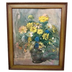 Vintage R. Colao Framed Art Print Yellow Blue Flower Still Life 27.5 X 23.5 - Picture 1 of 17