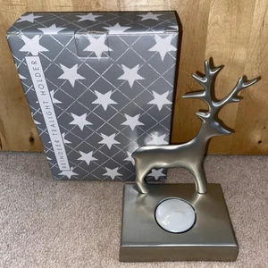 Avon Reindeer Tea Light Candle Holder Ornament Silver Tone Shiny New In Box - Picture 1 of 4