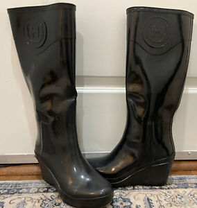 Hunter Champery Wedge Black Tall Boots Size 7M/8F Limited Edition Glossy Black