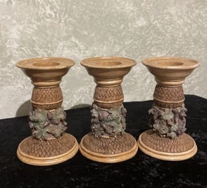 Home Interiors Set Of 3 Candle Holders Resin woven pattern green leaves Acorns - Picture 1 of 10