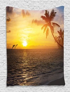 Ocean Dolphins Sunset Tapestry Wall Hanging for Living Room Bedroom Dorm Decor - Picture 1 of 1