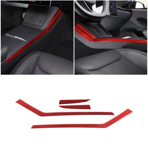 Red Carbon Fiber Water Cup Holder Panel Side Strip Fit For Tesla Model 3 2023-24 - Picture 1 of 21