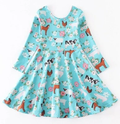 NUEVO Vestido Boutique Granja Vaca Caballo Floral Manga Larga Niñas Foto 1 de 2