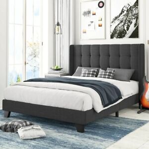 Queen size Platform Bed With Wingback Headboard, Square Stitched Style Dark Grey