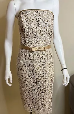 Vestido de fiesta Jessica McClintock dorado satinado encaje superpuesto sin tirantes talla 4 Foto 1 de 4