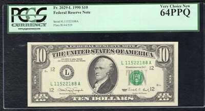 FR. 2029-L 1990 $10 FRN FEDERAL RESERVE NOTE SAN FRANCISCO, CA PCGS UNC-64PPQ - Image 1 of 2
