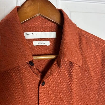 Perry Ellis 100% Silk Shirt Men's Size M Button Up Striped Short Sleeve, EUC - Image 1 of 4