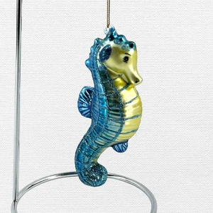 Seepferdchen Weihnachtsschmuck mundgeblasenes Glas blau gelb Glitzer Akzente 5 1/2" lang - Bild 1 von 9