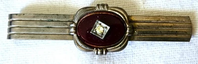 VINTAGE TIE CLASP or CLIP / DARK RED CABOCHON STONE w/ DIAMOND STYLE STONE - Image 1 of 2