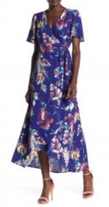 Rabbit Rabbit Wrap Midi Dress 14 Blue Floral Flowy Short Sleeve Summer Washable - Picture 1 of 11