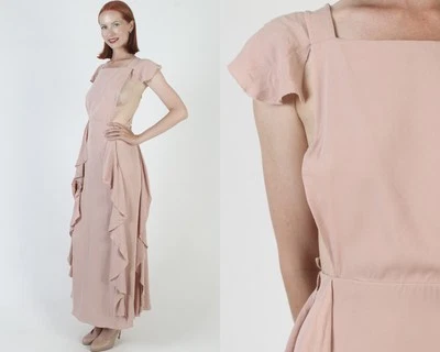 Valentino Spa Dress Silk Nude Pinafore Ruffle Italy Designer Maxi Sundress 40 - Image 1 of 4