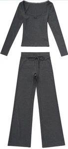 OMKAGI Damen Lounge Set Spitze Quadratischer Ausschnitt Langarm Tops Weite Größe Large - Bild 1 von 4