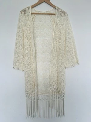 Kimono de Encaje Marfil Talla S Flecos Dobladillo Frente Abierto Western Boho Festival Foto 1 de 4