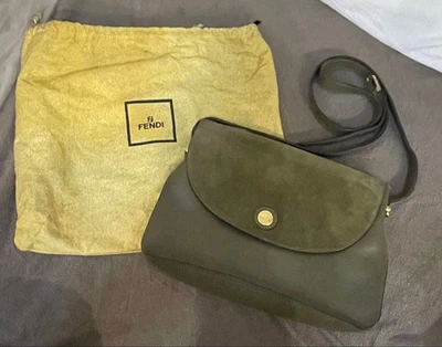 FENDI Vintage Suede Shoulder Bag Dark Olive Leather Used - Image 1 of 4