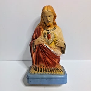 Vintage Chalkware Sacred Heart Of Jesus Christ 10" Tall Catholic Religious - Picture 1 of 11
