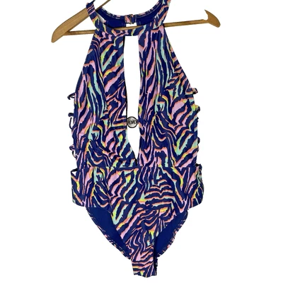 XOXO One Piece Swimsuit Strappy Sides Deep Keyhole Front Colorful Womens XL Blue - Image 1 of 4