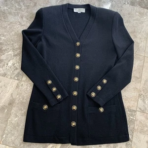 Cardigan donna vintage collezione St. John nero maglia lungo scollo a V bottoni davanti 8 - Foto 1 di 8