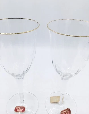 NEW✴️Gorham Crystal Laurin Gold Wine Glasses-Optic Bowl Elegant Stems-V’tge 80’s - Image 1 of 4