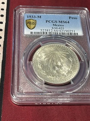 Moneda preciosa brillante de plata de México 1933 1 peso graduación profesional MS 64💎 Foto 1 de 4