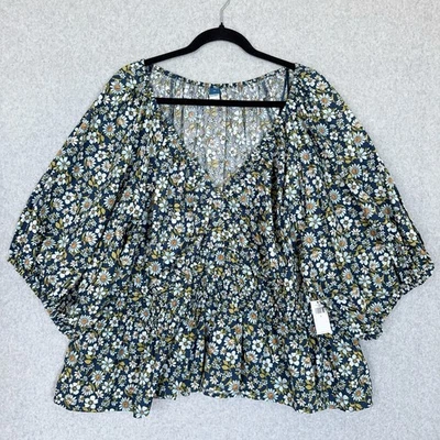 Blusa feminina Old Navy tamanho 3X gola V azul amarela floral Cottagecore nova com etiquetas - Imagem 1 de 4