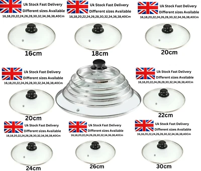 Glass Lids Saucepan Wok Casserole Frying Pan Lid 16 18 20 22 24 26 28 30 32 34cm - Image 1 of 4