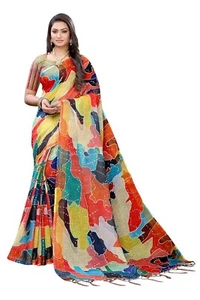 Women's Chanderi Linen Saree With Blouse Piece - Picture 1 of 6