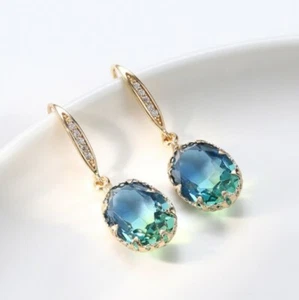 Classic Oval Cut Blue Tourmaline White Topaz Yellow Gold Plated Drop Earrings - Picture 1 of 7